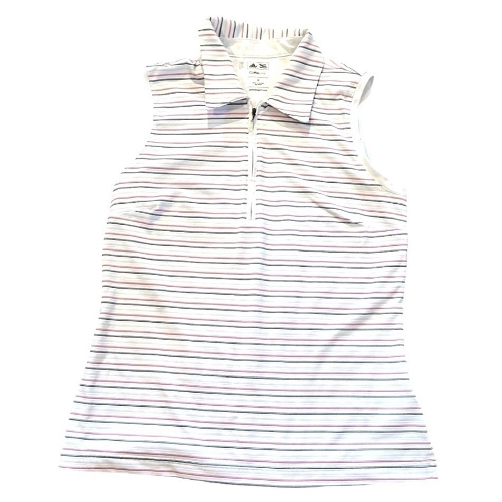 Adidas climalite golf polo sleeveless top zip White pink tan black stripes Sz M